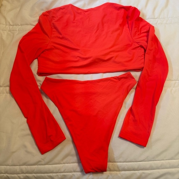 NWT Fashion Nova Bright Orange Long Sleeve Crop Top High Waist Swimsuit Sz M - Picture 11 of 11